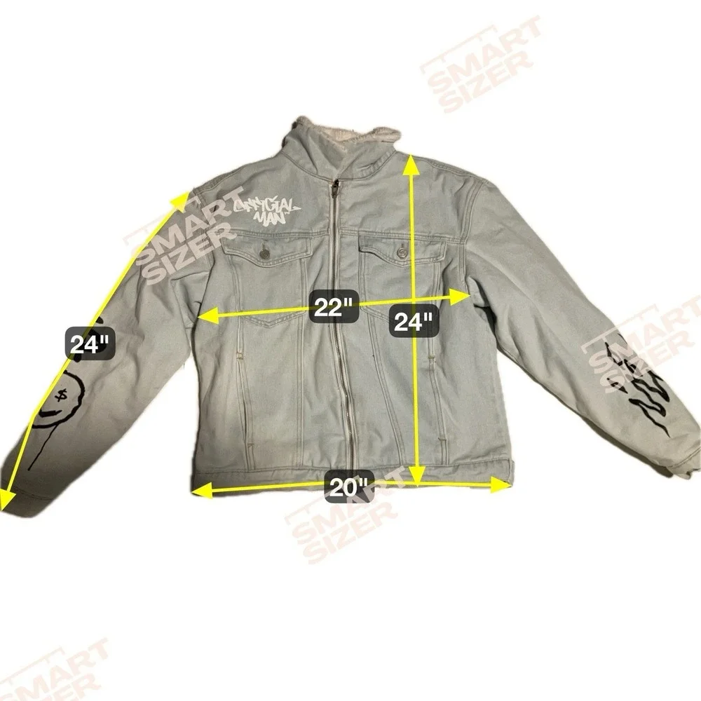 boohooMAN Light Wash Sherpa Lined Denim Jacket, Graffiti Smiley Face Men's Small
